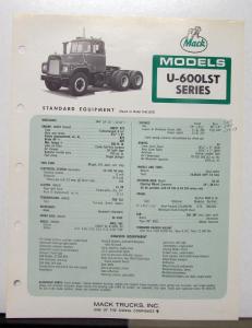 1972 Mack Truck Model U 600LST Specification Sheet