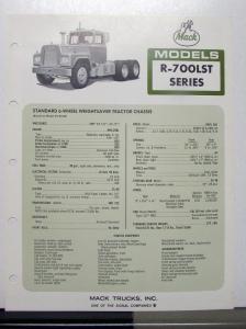 1972 Mack Truck Model R 700LST Specification Sheet