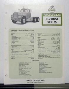 1972 Mack Truck Model R 700ST Specification Sheet