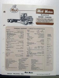 1973 Mack Western Truck Model RL685LS Specification Sheet