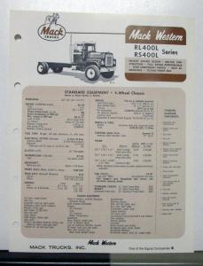 1973 Mack Western Truck Model RL400L RS400L Specification Sheet