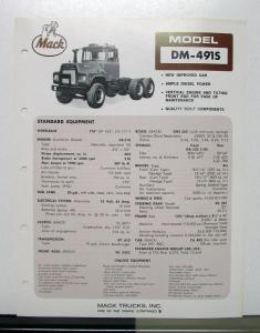 1973 Mack Truck Model DM 491S Specification Sheet