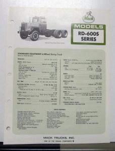 1973 Mack Truck Model RD 600S Specification Sheet