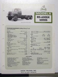 1973 Mack Truck Model RD 600SX Specification Sheet