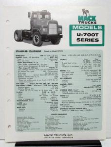 1974 Mack Truck Model U 700T Specification Sheet