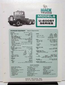 1974 Mack Truck Model U 600ST Specification Sheet