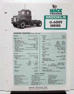 1974 Mack Truck Model U 600T Specification Sheet