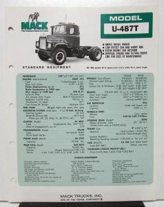 1974 Mack Truck Model U 487T Specification Sheet
