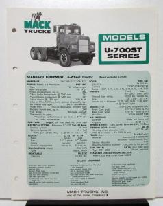 1974 Mack Truck Model U 700ST Specification Sheet