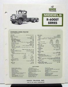 1974 Mack Truck Model R 600ST Specification Sheet