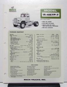 1974 Mack Truck Model R 487P T Specification Sheet