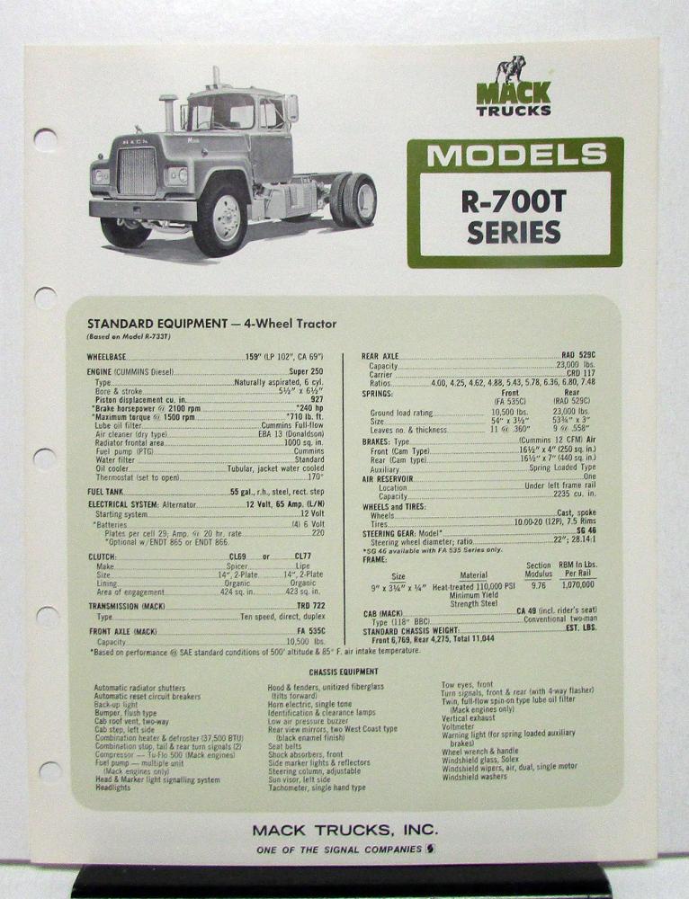 1974 Mack Truck Model R 700T Specification Sheet