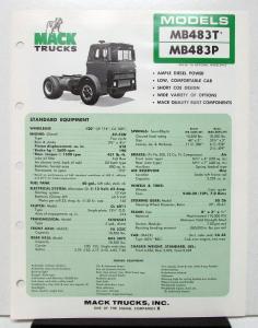 1974 Mack Truck Model MB483T MB483P Specification Sheet