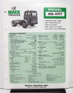 1974 Mack Truck Model MB 491T Specification Sheet