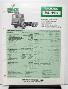 1974 Mack Truck Model MB 491S Specification Sheet