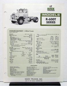 1974 Mack Truck Model R 600T Specification Sheet