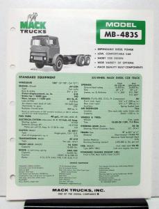 1974 Mack Truck Model MB 483S Specification Sheet