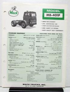 1972 Mack Truck Model MB 401P Specification Sheet