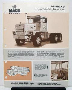 1974 1975 Mack Truck Model M 15SXC Specification Sheet