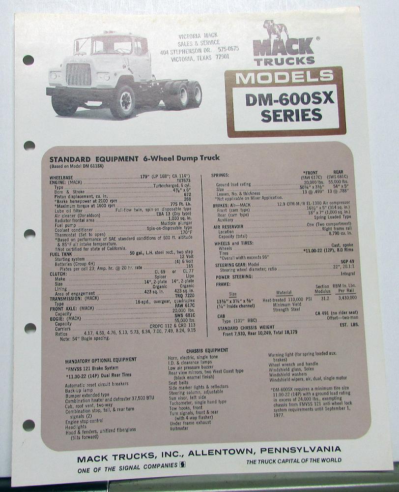 1976 Mack Truck Model DM 600SX Specification Sheet