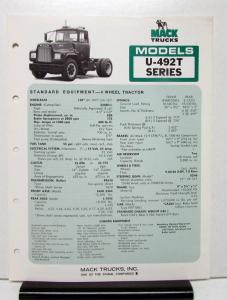 1976 Mack Truck Model U 492T Specification Sheet