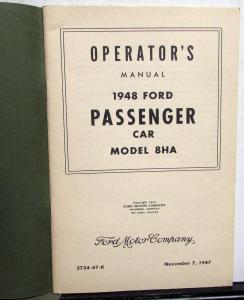 1948 Ford Passenger Car Model 8HA 6 Cylinder Operators Owners Manual Original