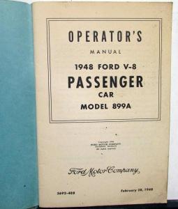 1948 Ford Passenger Car Model 899A V8 Operators Owners Manual Original