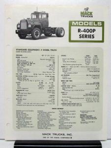 1976 Mack Truck Model R 400P Specification Sheet