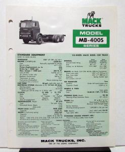 1976 Mack Truck Model MB 400S Specification Sheet