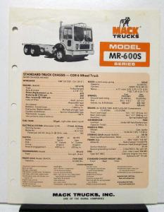 1978 Mack Truck Model MR 600S Specification Sheet
