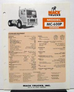 1978 Mack Truck Model MC 600P Specification Sheet