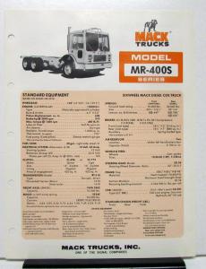 1978 Mack Truck Model MR 400S Specification Sheet