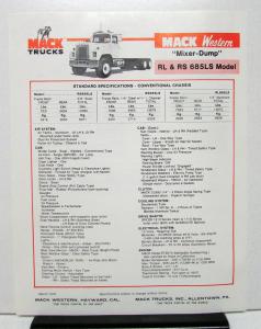 1979 Mack Western Truck Model RS685LS RL685LS Specification Sheet