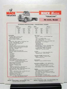1979 Mack Western Truck Model RS600L Specification Sheet