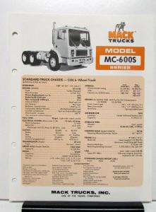 1980 Mack Truck Model MC 600S Specification Sheet