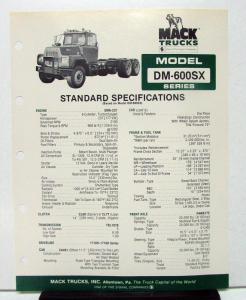 1981 Mack Truck Model DM 600SX Specification Sheet