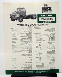 1981 Mack Truck Model DM 600S Specification Sheet