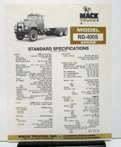 1981 Mack Truck Model RD 400S Specification Sheet
