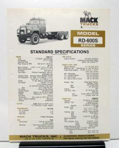 1981 Mack Truck Model RD 600S Specification Sheet
