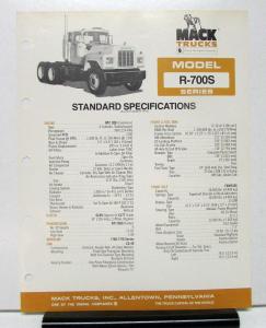 1981 Mack Truck Model R 700S Specification Sheet