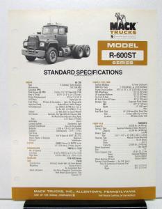 1981 Mack Truck Model R 600ST Specification Sheet