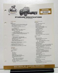 1982 Mack Truck Model RD 400S Specification Sheet