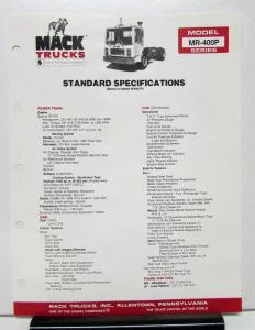 1982 Mack Truck Model MR 400P Specification Sheet