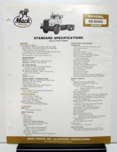 1984 Mack Truck Model RD 8006S Specification Sheet