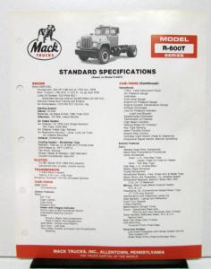 1984 Mack Truck Model R 600T Specification Sheet
