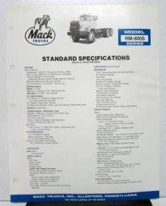 1985 Mack Truck Model RM 600S Specification Sheet