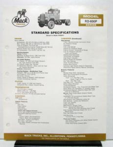 1984 Mack Truck Model RD 600P Specification Sheet