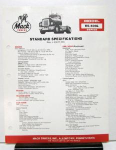 1985 Mack Truck Model RS 600L Specification Sheet