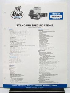 1985 Mack Truck Model RM 6006S Specification Sheet