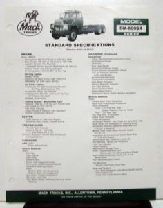1985 Mack Truck Model DM 600SX Specification Sheet